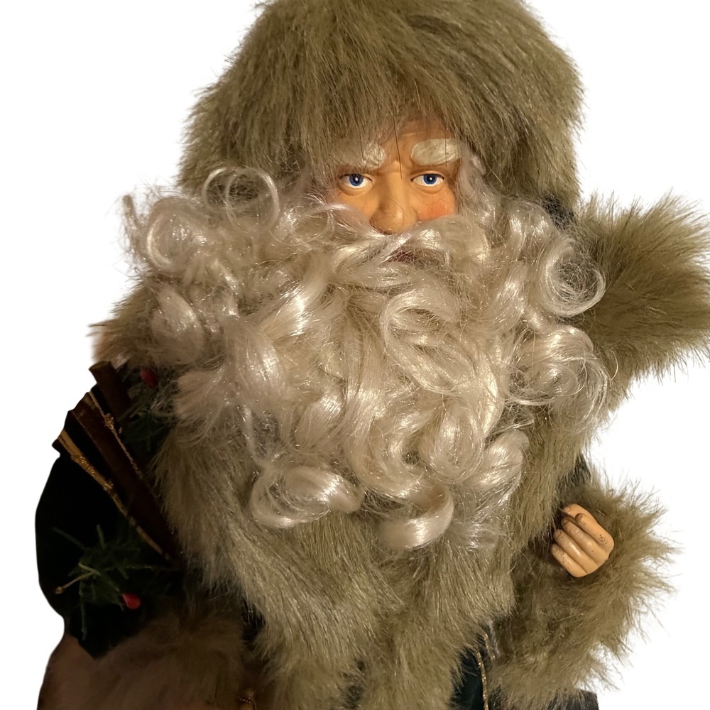 Vintage Old World Santa Father Christmas Woodland Green Coat Folk 25x14 Art - Picture 7 of 10